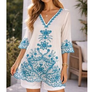 Roberta Freymann Tunic Mini Dress Blue Floral 3D Embroidered  Cotton Boho S